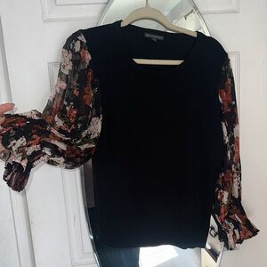 Adrianna Papell Black Top with Floral Sleeves